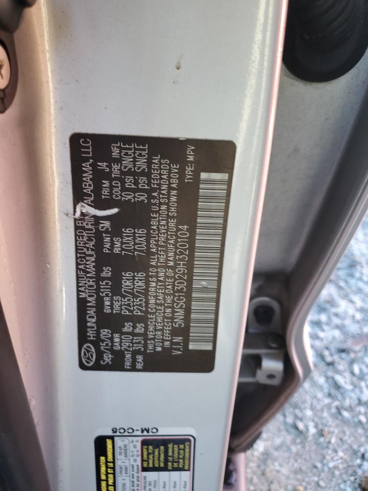 2009 Hyundai Santa Fe VIN 5NMSG13D29H320104 Copart auction photo, front end / side damage thumbnail 13