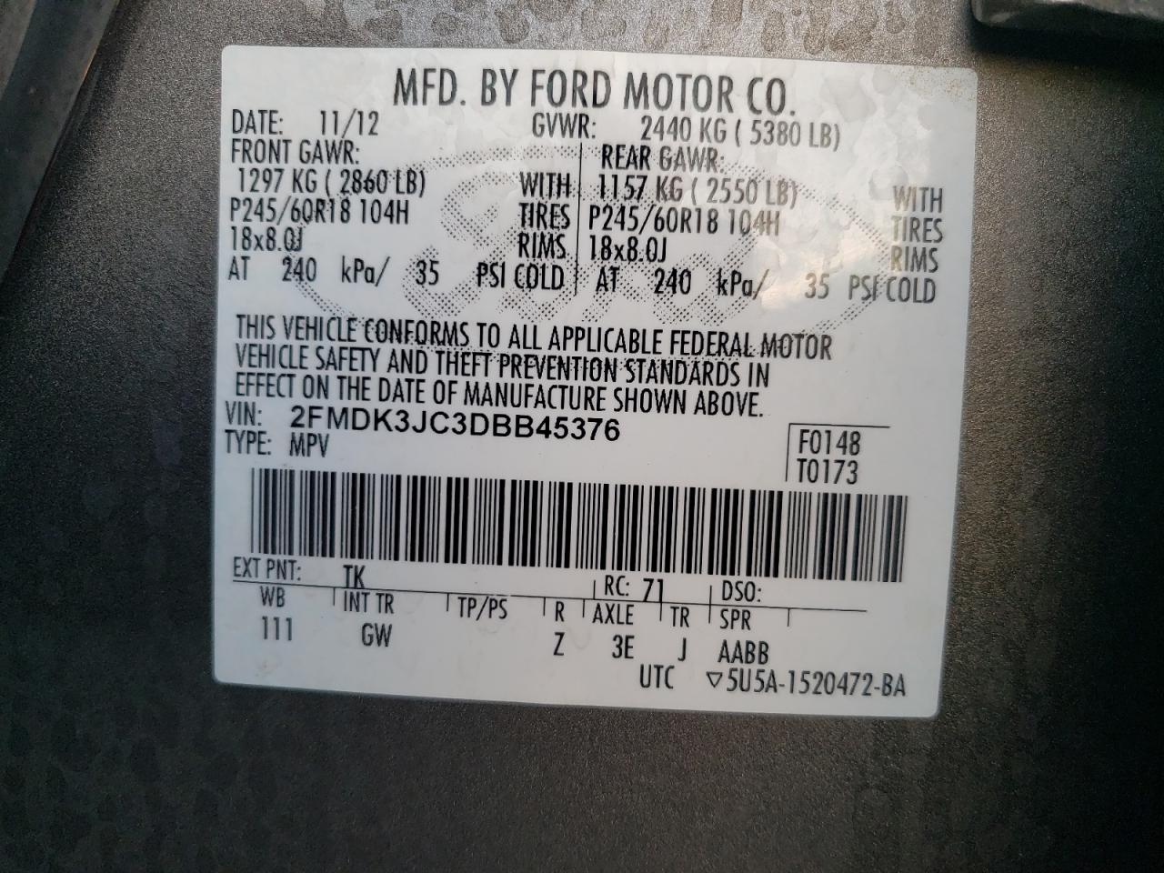 2013 Ford Edge VIN 2FMDK3JC3DBB45376 Copart auction photo, all over damage thumbnail 13