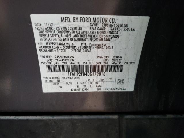 2013 Ford Taurus VIN 1FAHP2F84DG179816 Copart auction photo, rear end damage thumbnail 13