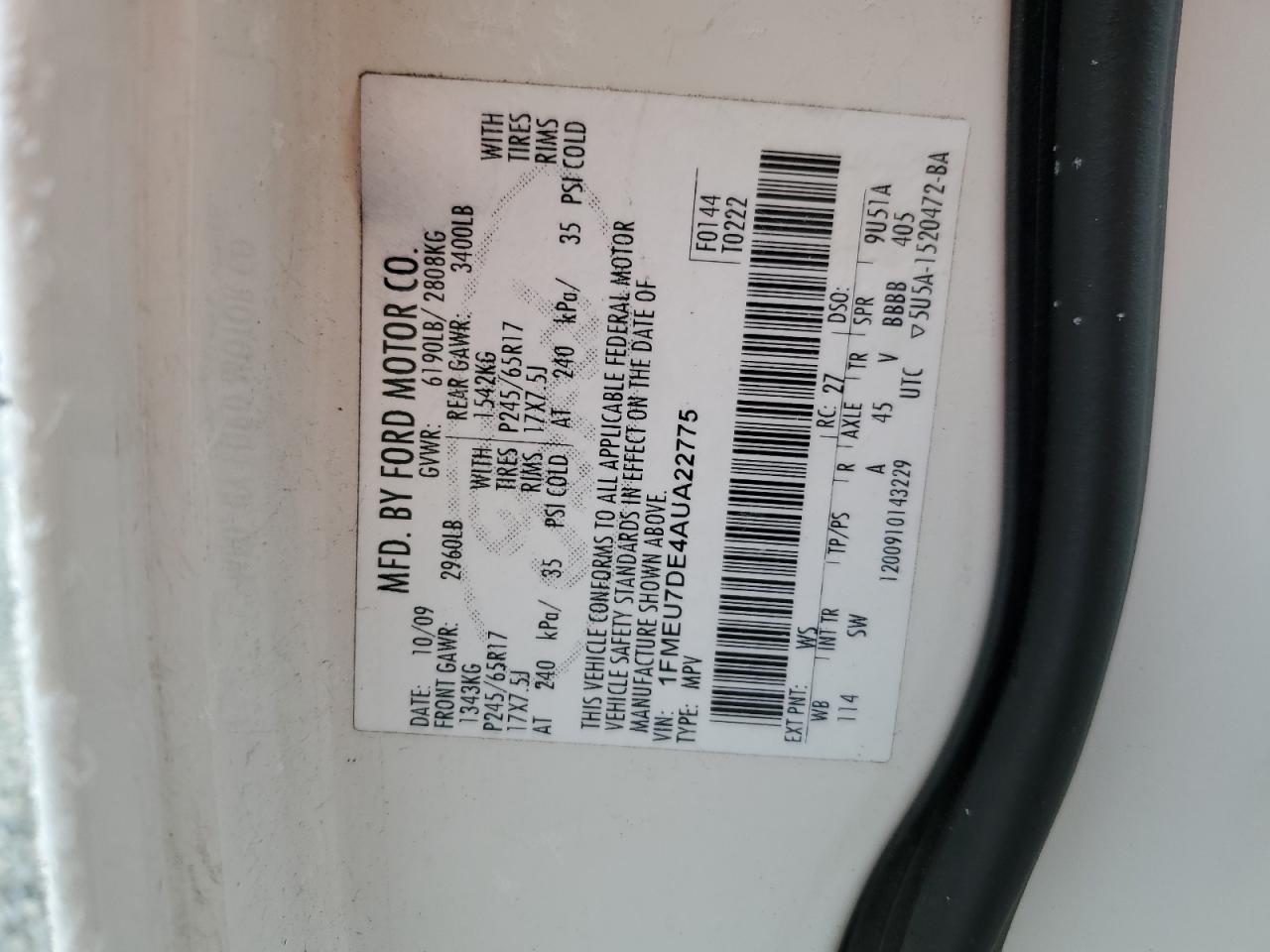 2010 Ford Explorer VIN 1FMEU7DE4AUA22775 Copart auction photo, front end / side damage thumbnail 15
