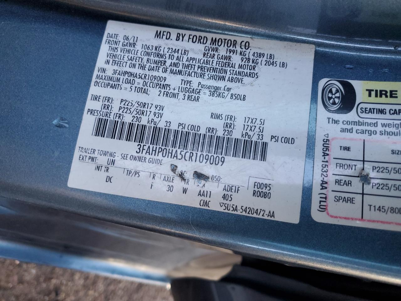 2012 Ford Fusion VIN 3FAHP0HA5CR109009 Copart auction photo, side / front end damage thumbnail 14