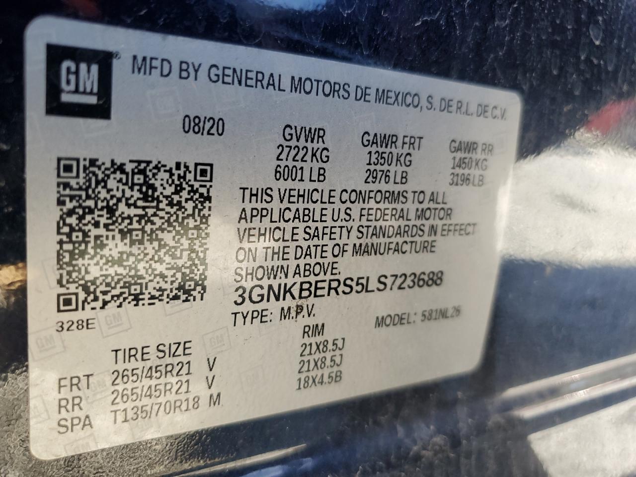 2020 Chevrolet Blazer VIN 3GNKBERS5LS723688 Copart auction photo, rear end damage thumbnail 13