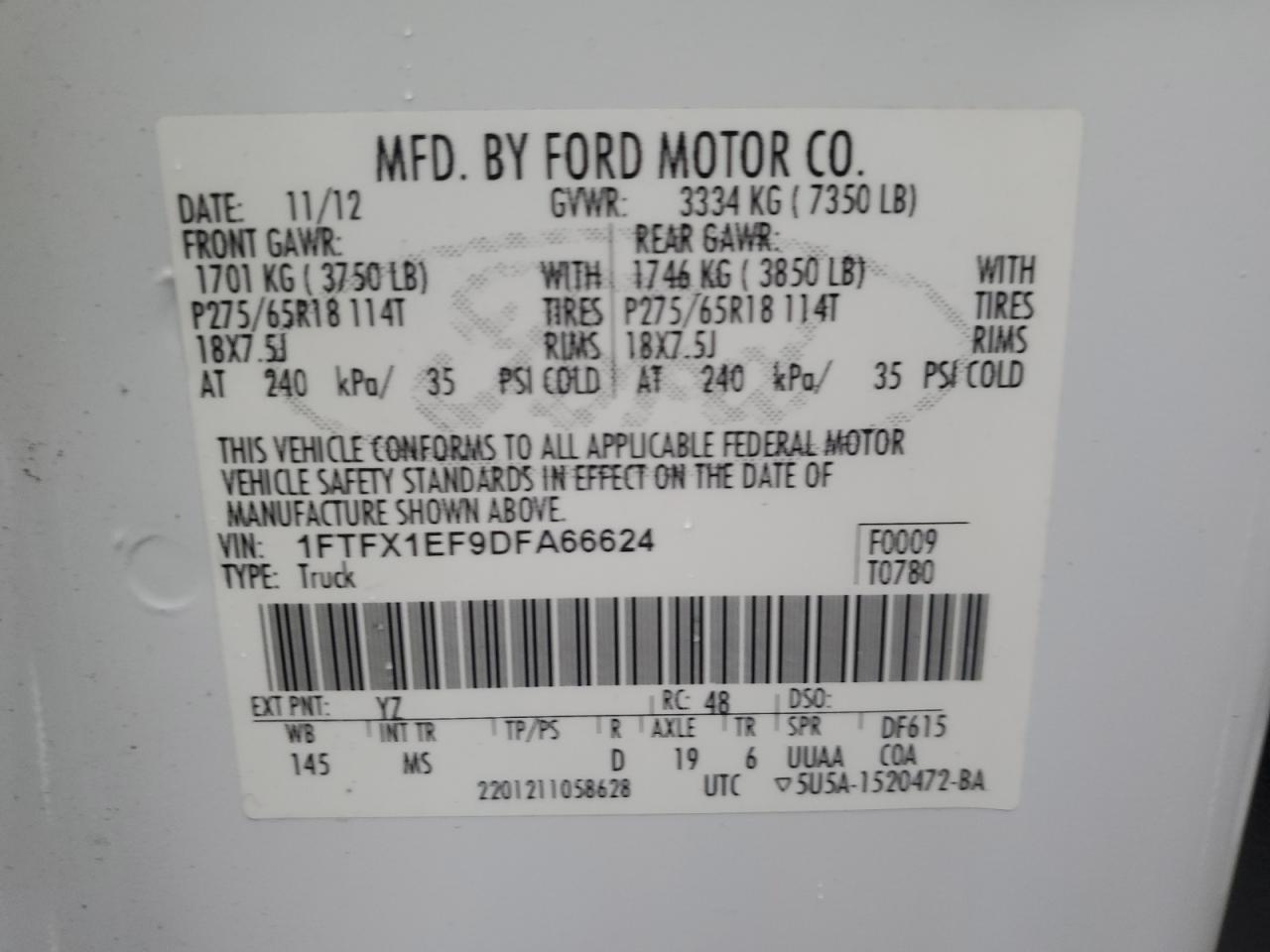 2013 Ford F-150 VIN 1FTFX1EF9DFA66624 Copart auction photo, front end damage thumbnail 12
