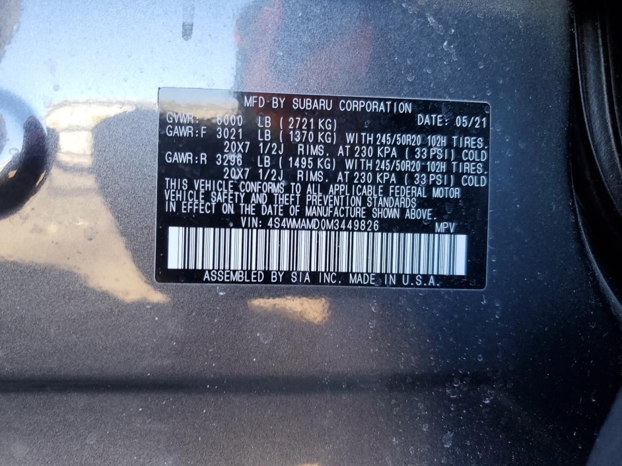 2021 Subaru Ascent VIN 4S4WMAMD0M3449826 Copart auction photo, rear end damage thumbnail 15
