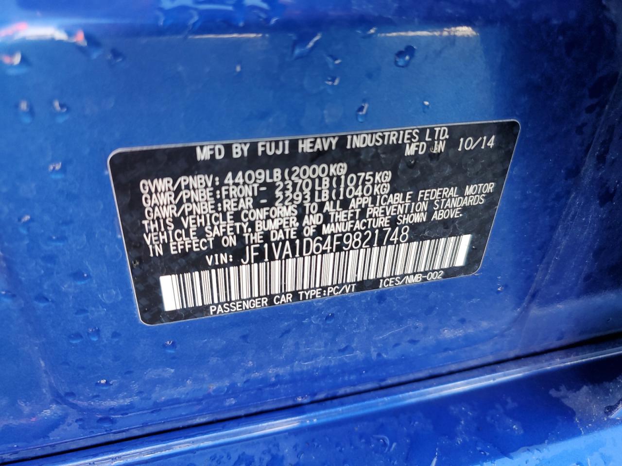 2015 Subaru WRX VIN JF1VA1D64F9821748 Copart auction photo, water/flood damage thumbnail 13