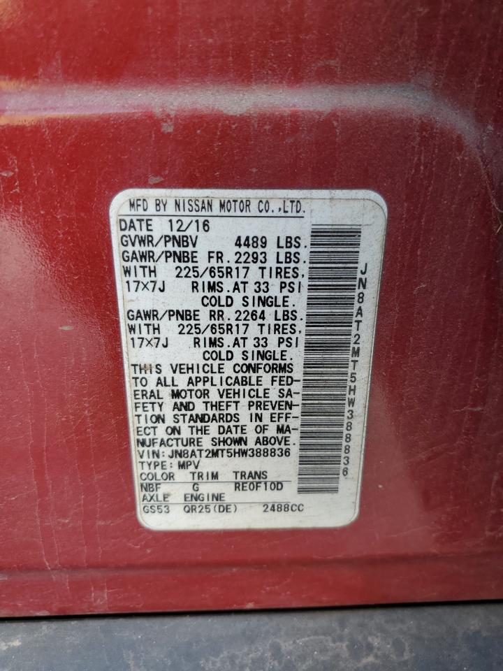 2017 Nissan Rogue VIN JN8AT2MT5HW388836 Copart auction photo, front end / minor dent/scratches damage thumbnail 14