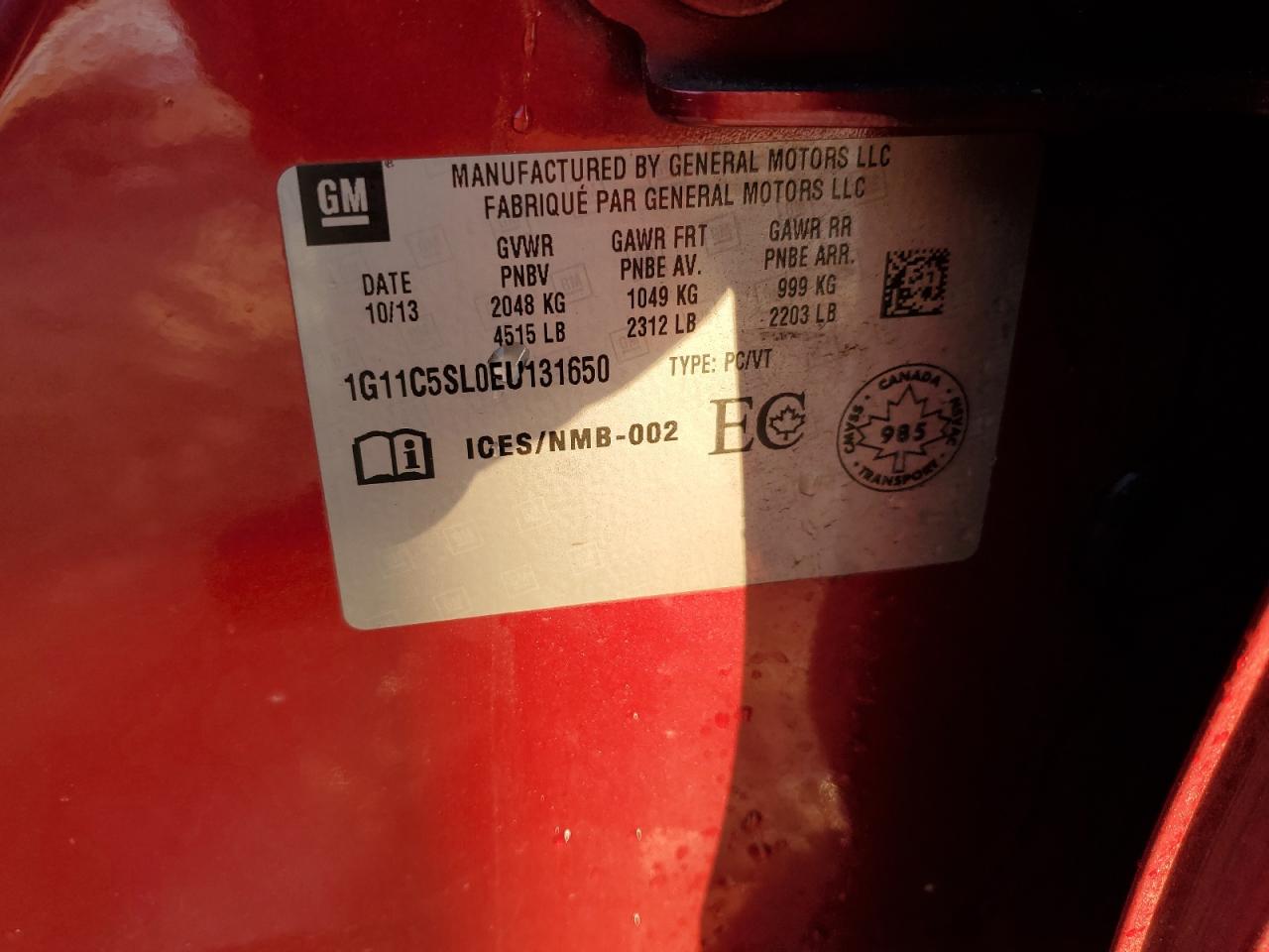 2014 Chevrolet Malibu VIN 1G11C5SL0EU131650 Copart auction photo, front end / burn - engine damage thumbnail 12