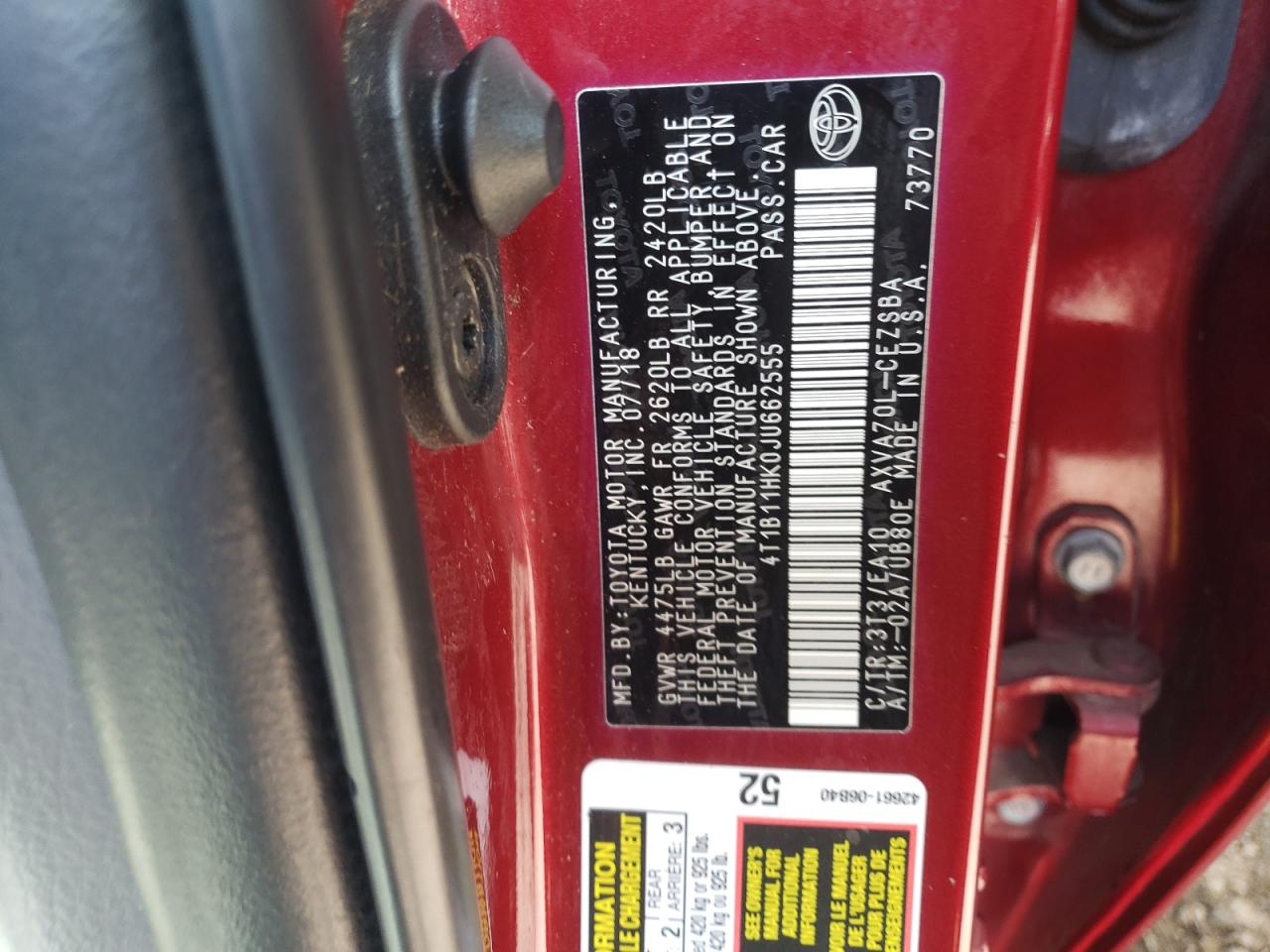 2018 Toyota Camry VIN 4T1B11HK0JU662555 Copart auction photo, rear end / front end damage thumbnail 14