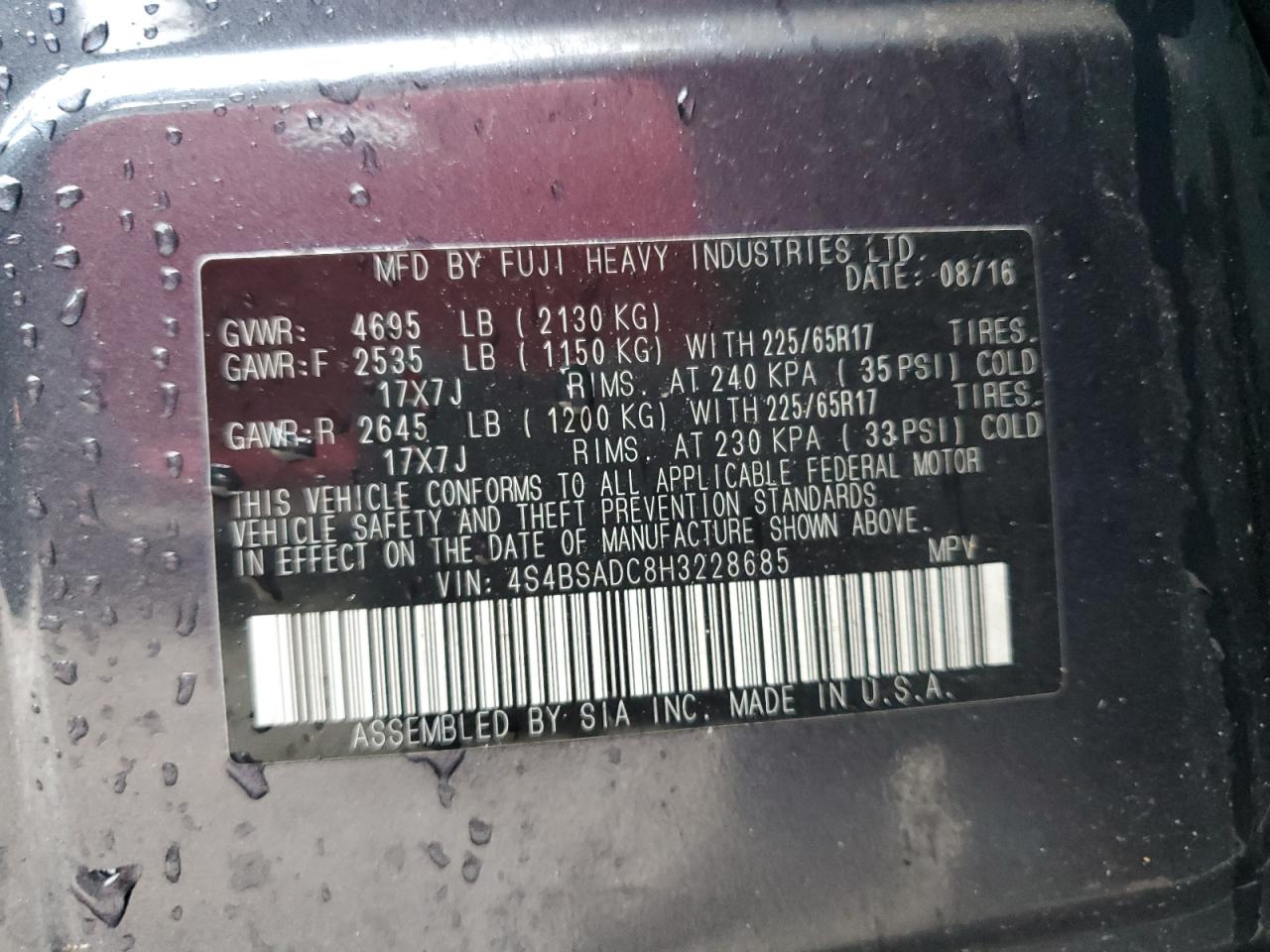 2017 Subaru Outback VIN 4S4BSADC8H3228685 Copart auction photo, front end / rear end damage thumbnail 14