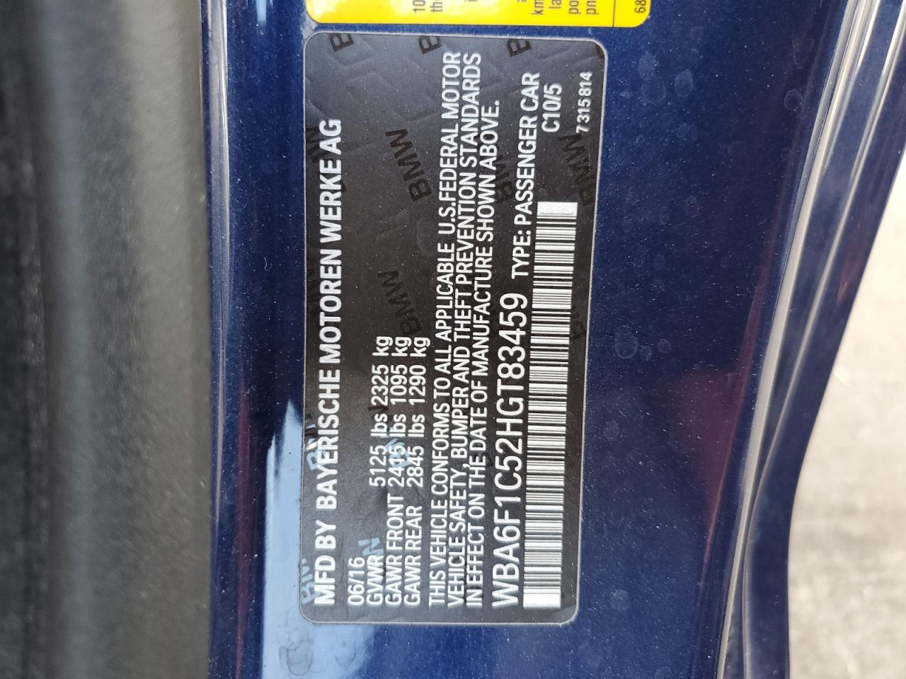 2017 BMW 6er VIN WBA6F1C52HGT83459 Copart auction photo, mechanical damage thumbnail 12