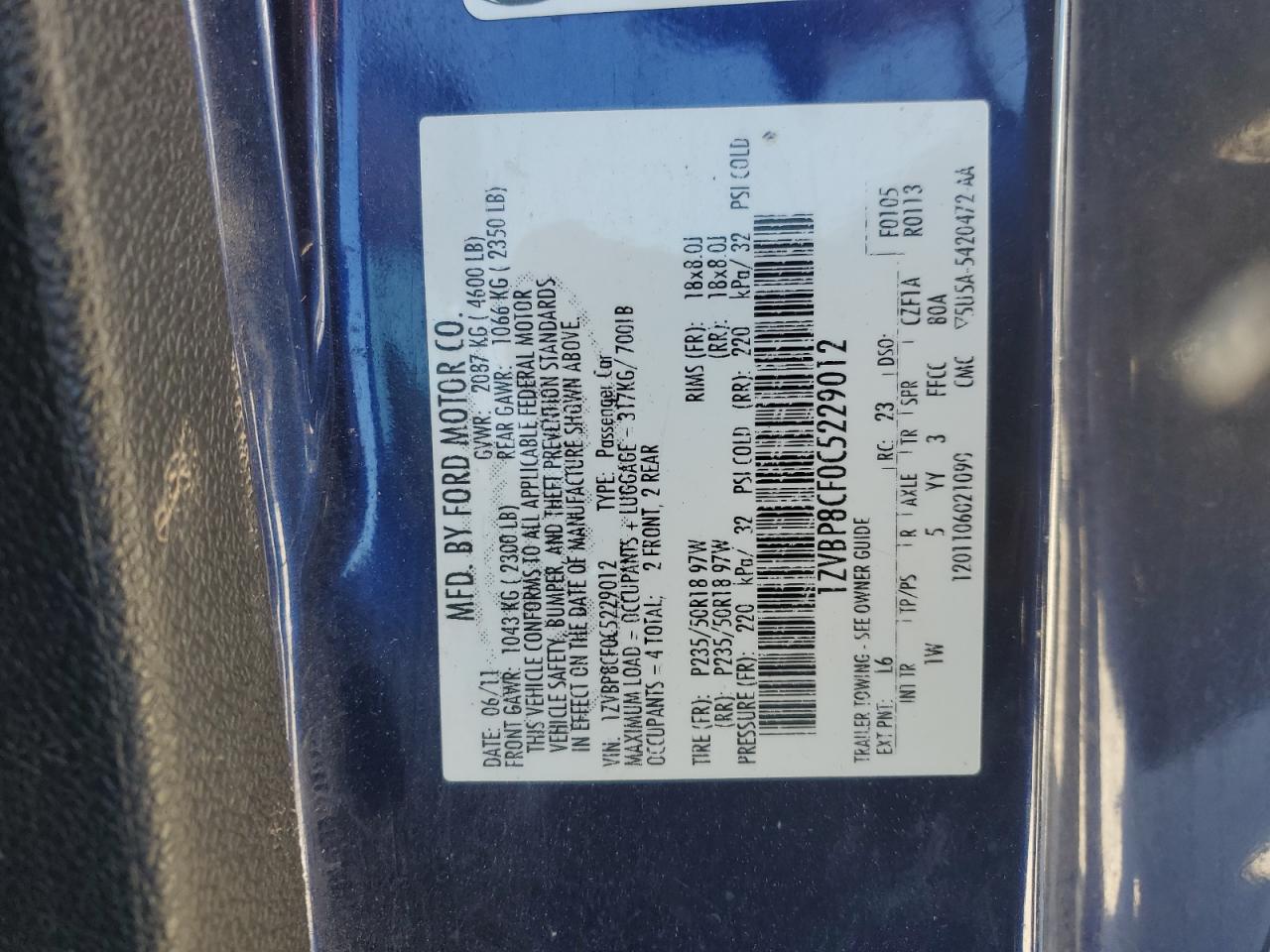 2012 Ford Mustang VIN 1ZVBP8CF0C5229012 Copart auction photo, all over damage thumbnail 15