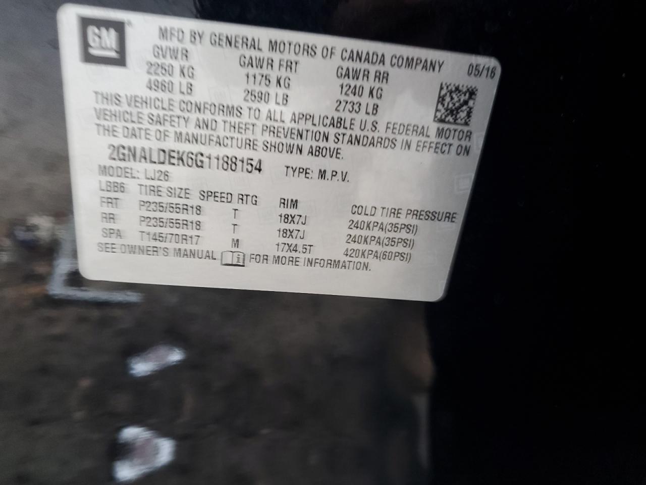 2016 Chevrolet Equinox VIN 2GNALDEK6G1188154 Copart auction photo, minor dent/scratches damage thumbnail 13