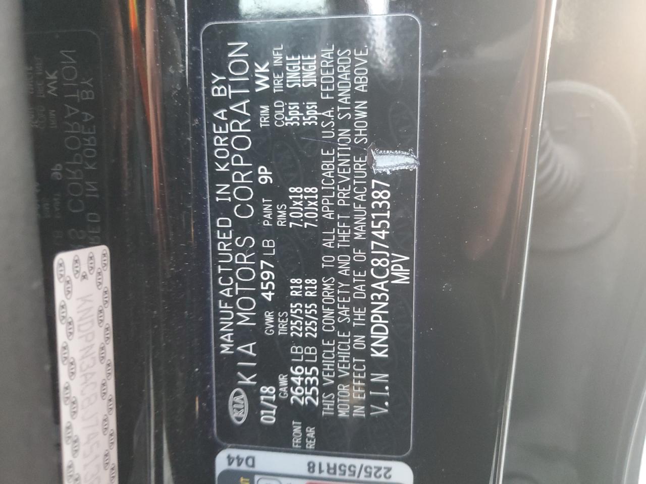 2018 KIA Sportage VIN KNDPN3AC8J7451387 Copart auction photo, front end / minor dent/scratches damage thumbnail 15