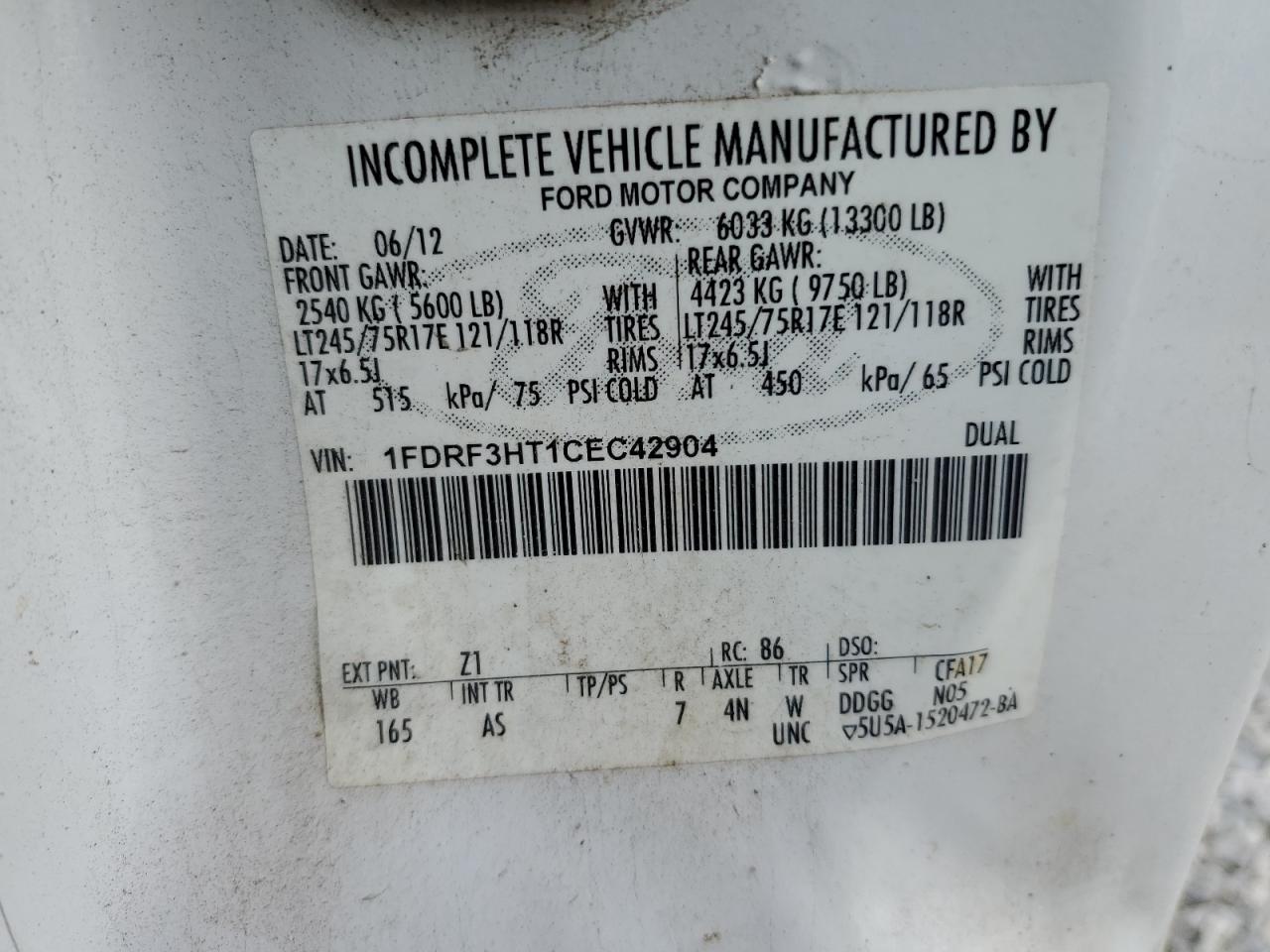2012 Ford F350 VIN 1FDRF3HT1CEC42904 Copart auction photo, front end damage thumbnail 13