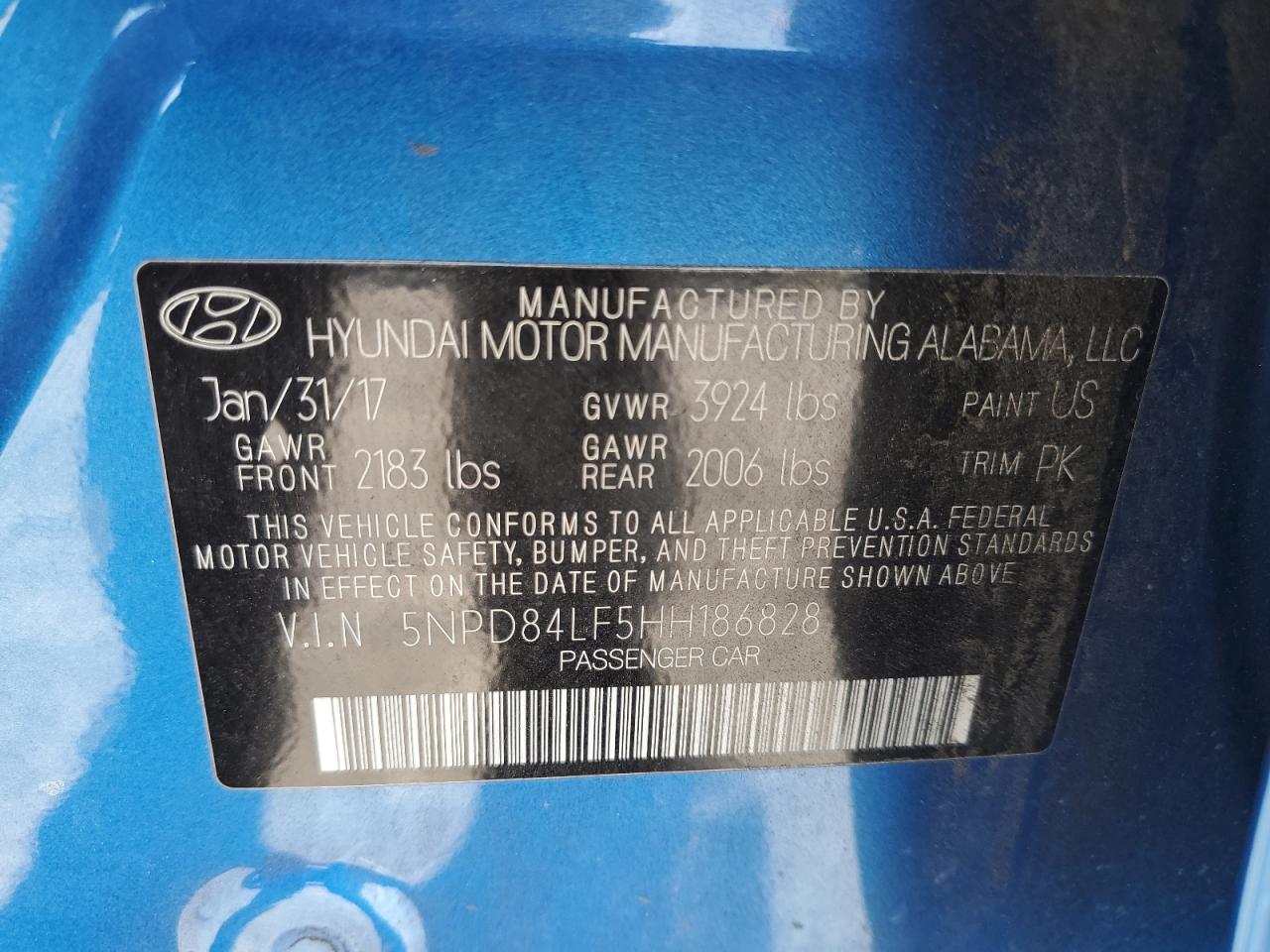 2017 Hyundai Elantra VIN 5NPD84LF5HH186828 Copart auction photo, front end / rear end damage thumbnail 12