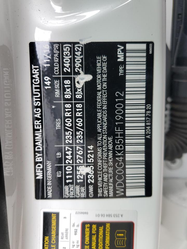 2017 Mercedes-Benz GLC VIN WDC0G4KB5HF190012 Copart auction photo, front end damage thumbnail 14