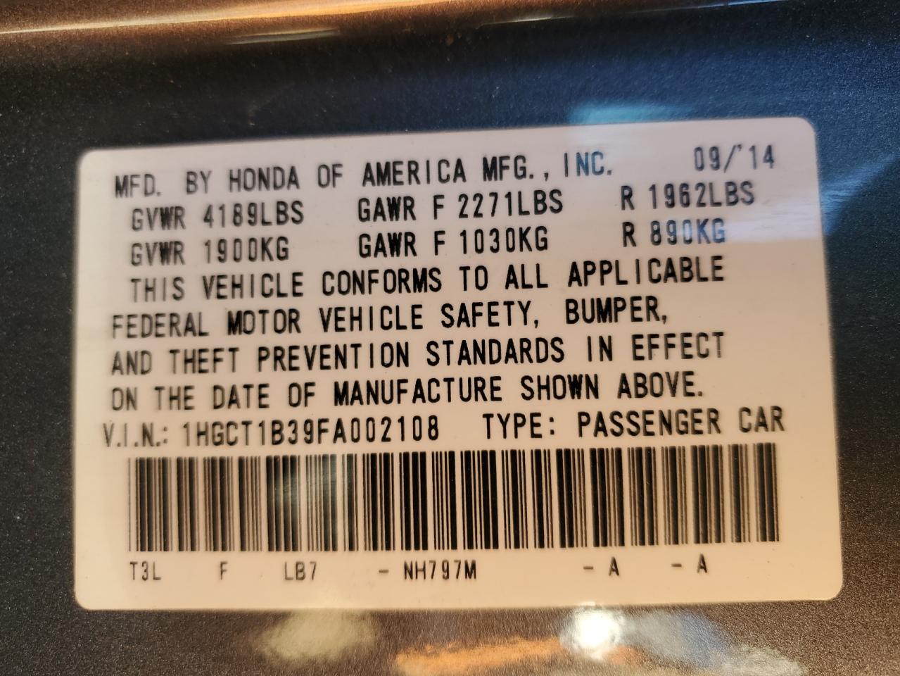 2015 Honda Accord VIN 1HGCT1B39FA002108 Copart auction photo, front end damage thumbnail 14