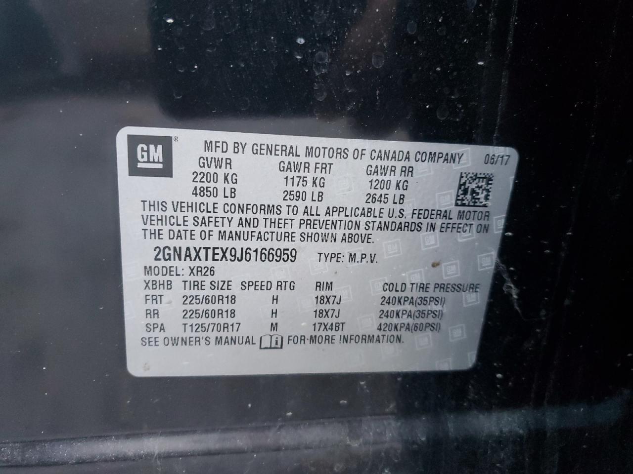 2018 Chevrolet Equinox VIN 2GNAXTEX9J6166959 Copart auction photo, rear end damage thumbnail 13