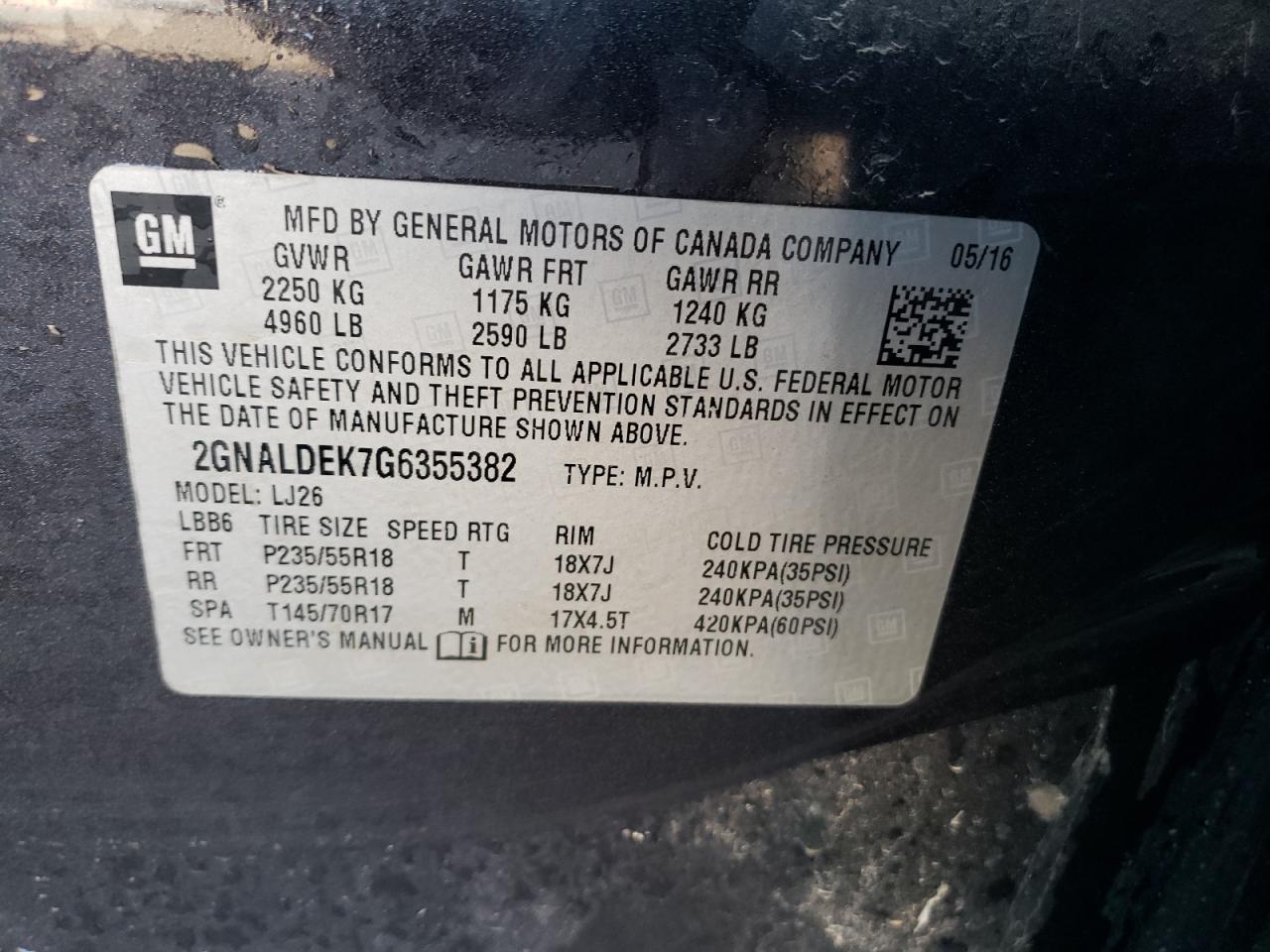 2016 Chevrolet Equinox VIN 2GNALDEK7G6355382 Copart auction photo, front end / side damage thumbnail 13