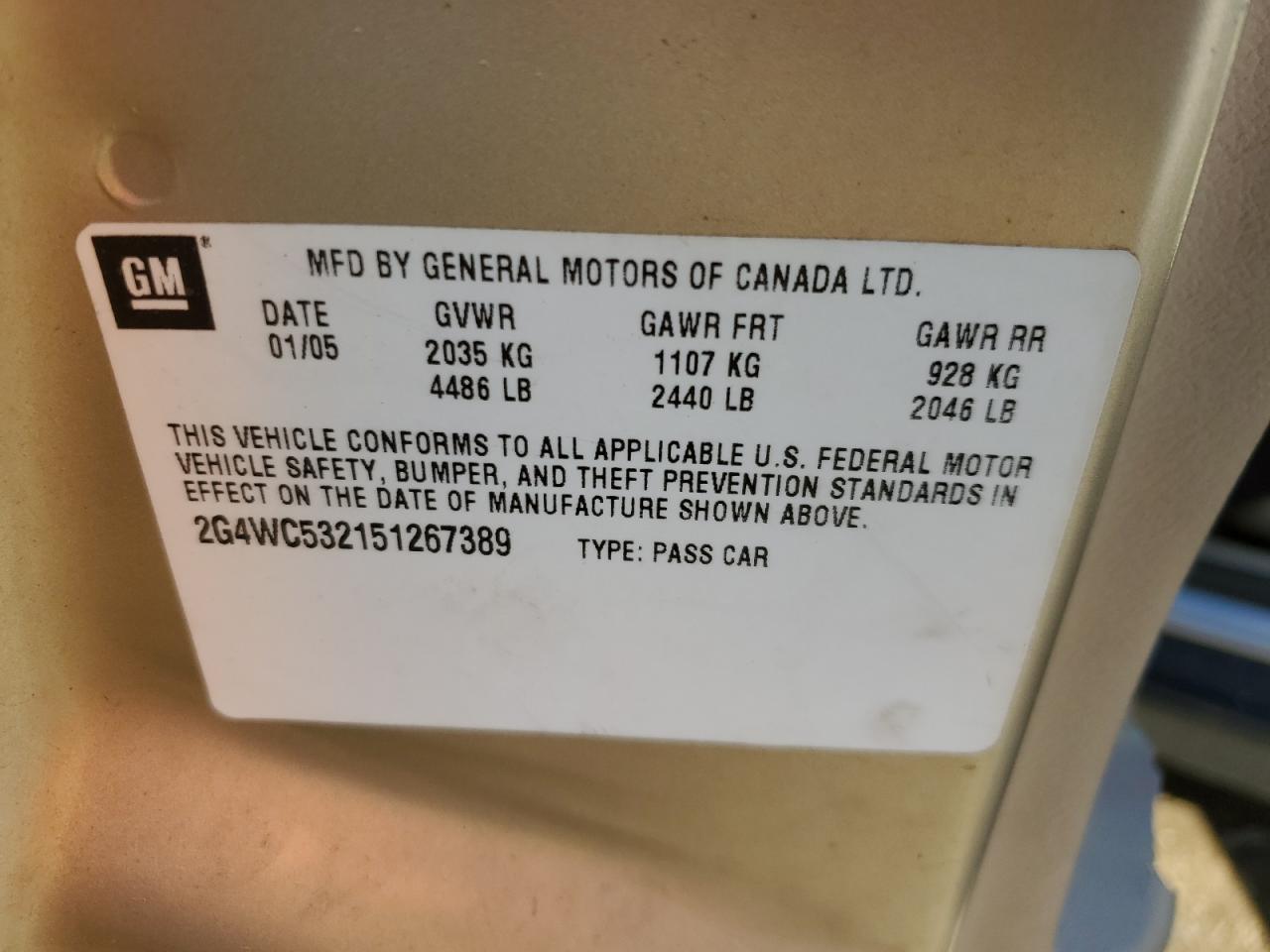 2005 Buick LaCrosse VIN 2G4WC532151267389 Copart auction photo, front end / rear end damage thumbnail 12