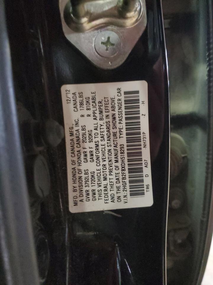 2013 Honda Civic VIN 2HGFB2F8XDH518293 Copart auction photo, front end / side damage thumbnail 14