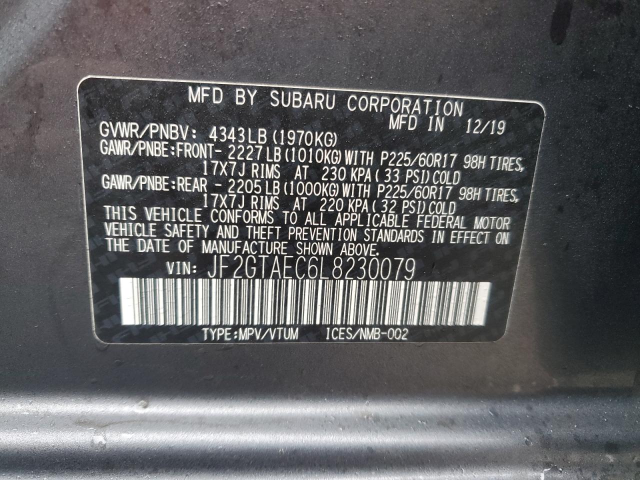 2020 Subaru XV VIN JF2GTAEC6L8230079 Copart auction photo, front end damage thumbnail 13
