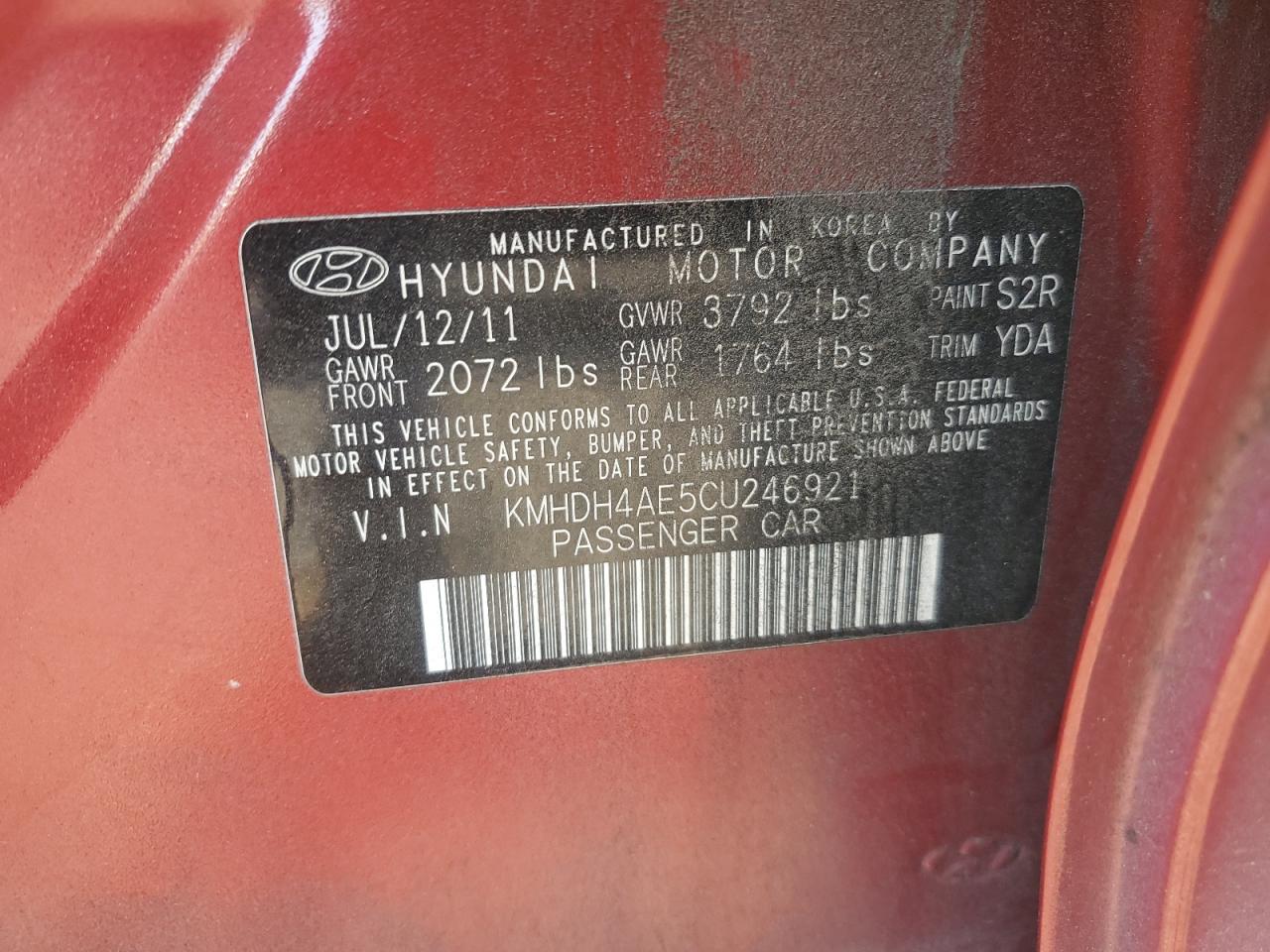 2012 Hyundai Elantra VIN KMHDH4AE5CU246921 Copart auction photo, vandalism damage thumbnail 14