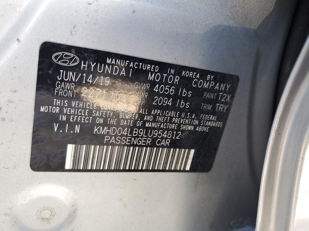 2020 Hyundai Elantra VIN KMHD04LB9LU954812 Copart auction photo, side / front end damage thumbnail 12