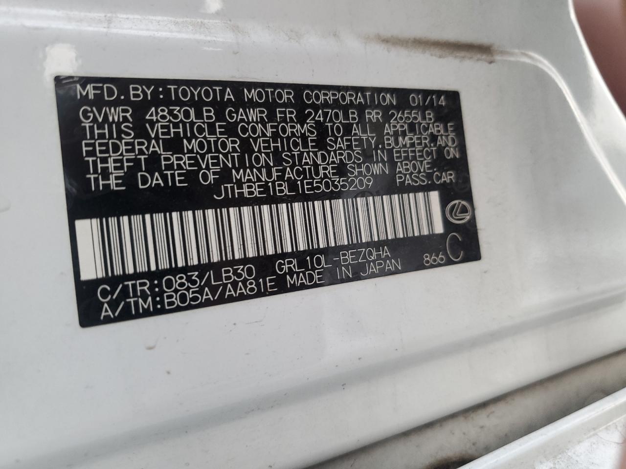 2014 Lexus GS VIN JTHBE1BL1E5035209 Copart auction photo, front end / frame damage damage thumbnail 14