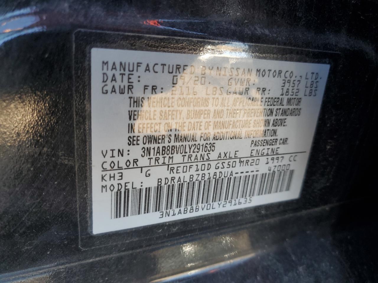 2020 Nissan Sentra VIN 3N1AB8BV0LY291635 Copart auction photo, front end / side damage thumbnail 12