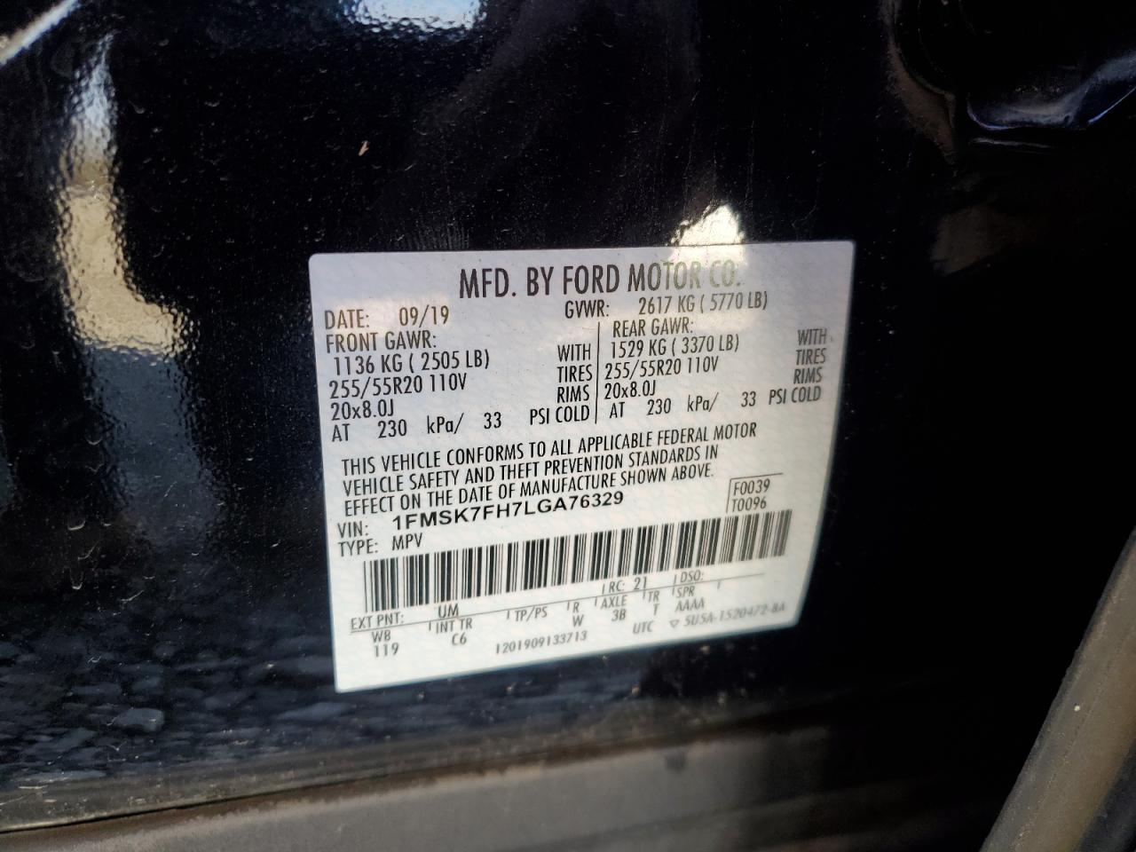 2020 Ford Explorer VIN 1FMSK7FH7LGA76329 Copart auction photo, front end damage thumbnail 13