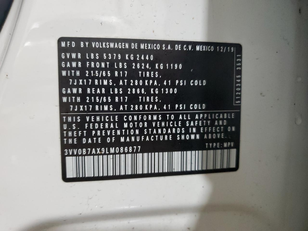 2020 Volkswagen Tiguan VIN 3VV0B7AX9LM086877 Copart auction photo, front end / side damage thumbnail 16