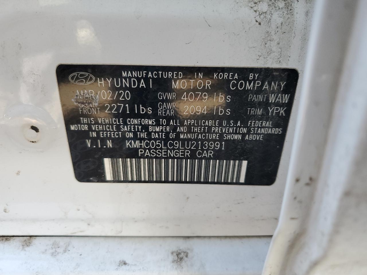 2020 Hyundai IONIQ VIN KMHC05LC9LU213991 Copart auction photo, rear end damage thumbnail 12