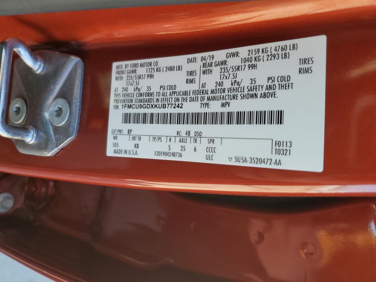 2019 Ford Escape VIN 1FMCU9GDXKUB77242 Copart auction photo, front end damage thumbnail 13