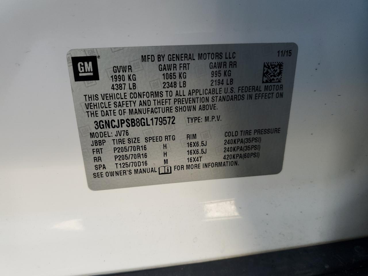 2016 Chevrolet Trax VIN 3GNCJPSB8GL179572 Copart auction photo, front end damage thumbnail 12