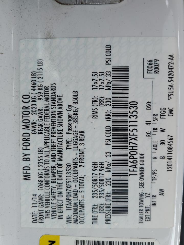 2015 Ford Fusion VIN 1FA6P0H7XF5113530 Copart auction photo, front end / minor dent/scratches damage thumbnail 14