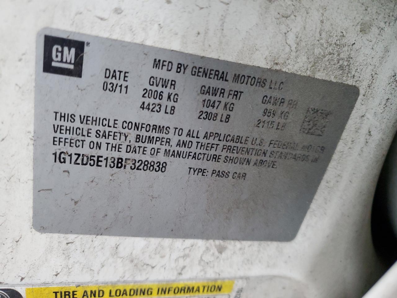 2011 Chevrolet Malibu VIN 1G1ZD5E13BF328838 Copart auction photo, front end / rear end damage thumbnail 12