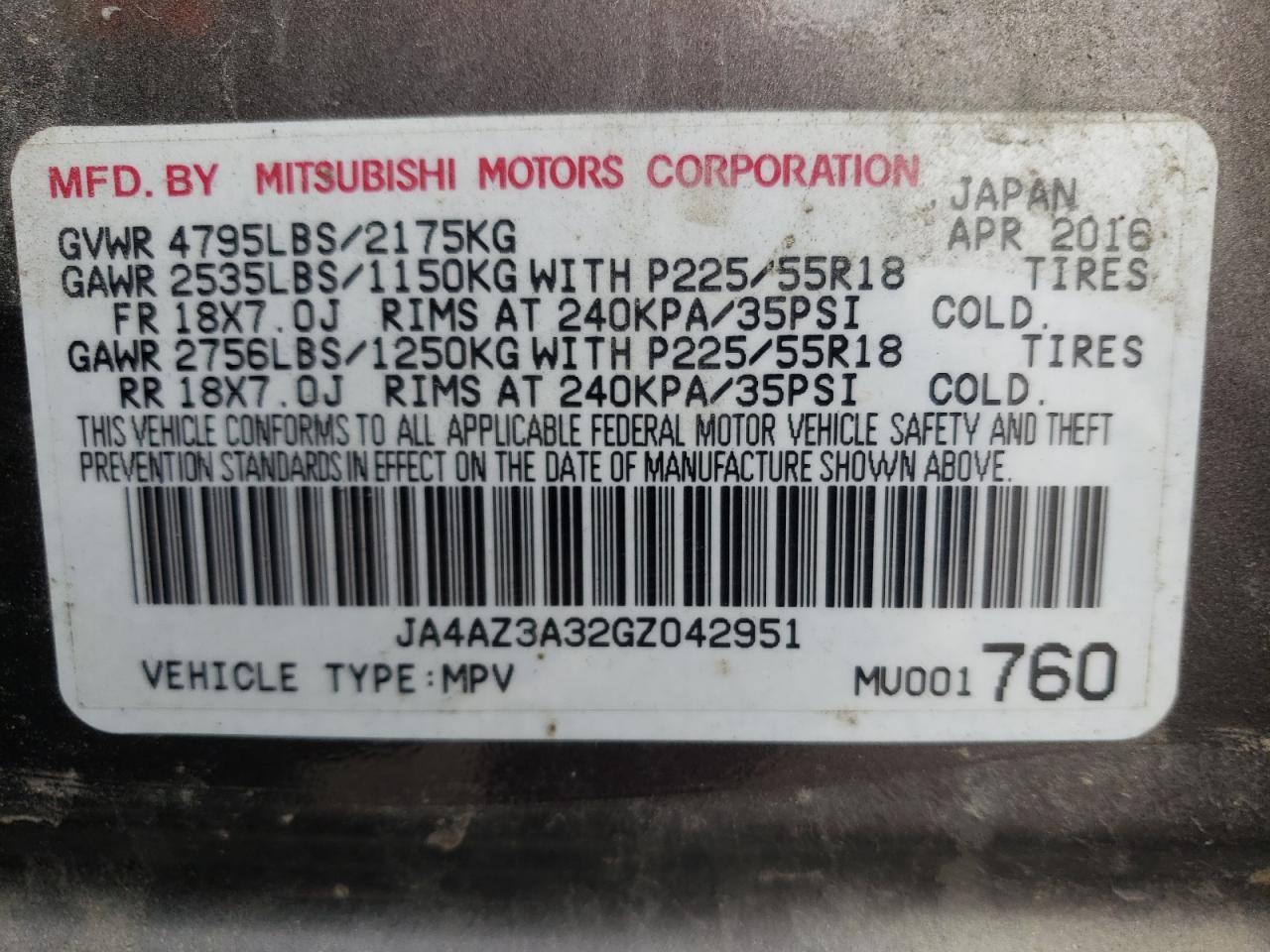 2016 Mitsubishi Outlander VIN JA4AZ3A32GZ042951 Copart auction photo, all over damage thumbnail 15