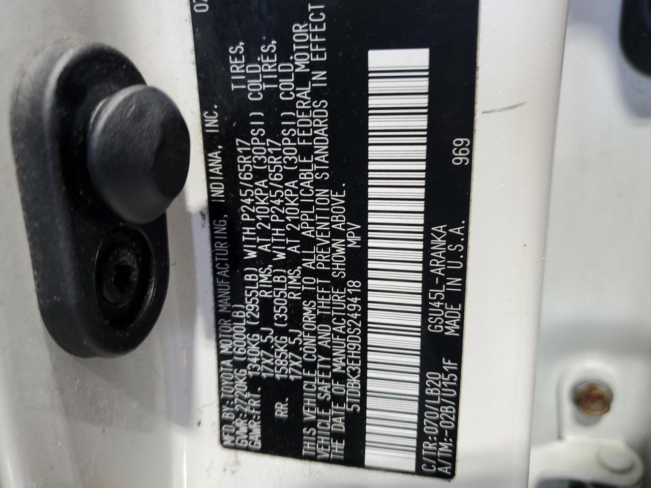 2013 Toyota Highlander VIN 5TDBK3EH9DS249418 Copart auction photo, front end damage thumbnail 13