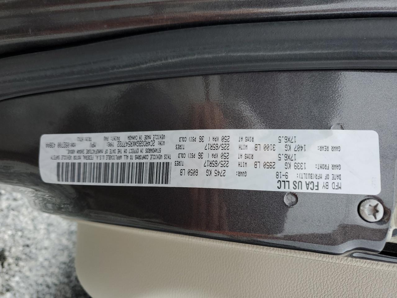 2019 Dodge Caravan VIN 2C4RDGBGXKR547722 Copart auction photo, side / rear end damage thumbnail 13