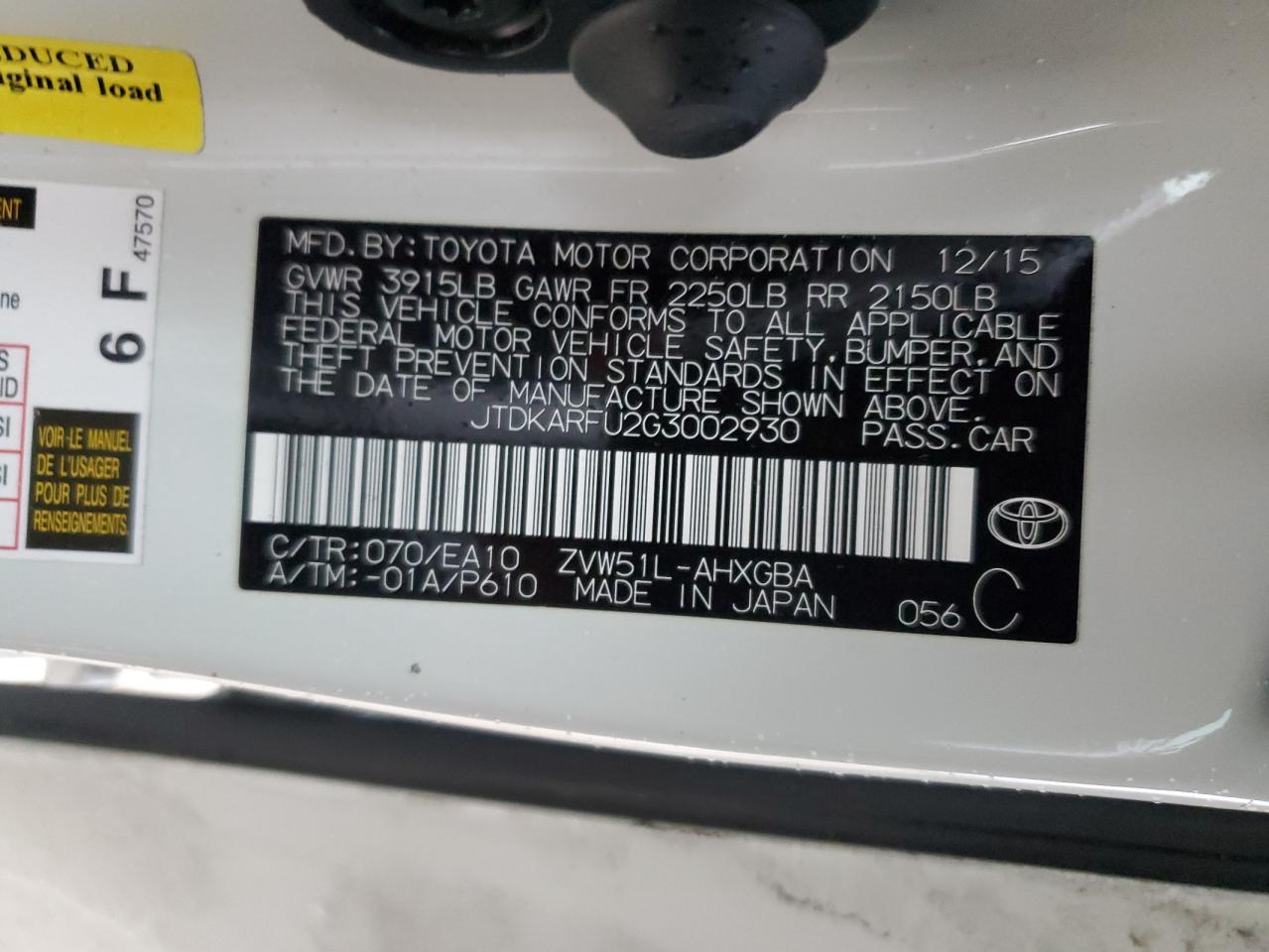 2016 Toyota Prius VIN JTDKARFU2G3002930 Copart auction photo, front end damage thumbnail 12