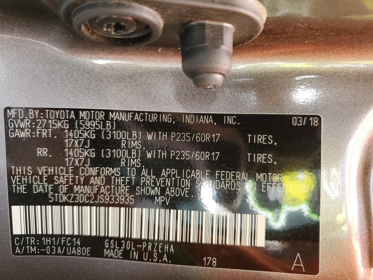 2018 Toyota Sienna VIN 5TDKZ3DC2JS933935 Copart auction photo, rear end / front end damage thumbnail 14