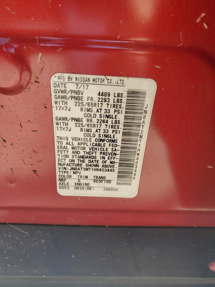 2017 Nissan Rogue VIN JN8AT2MT1HW403445 Copart auction photo, water/flood damage thumbnail 14