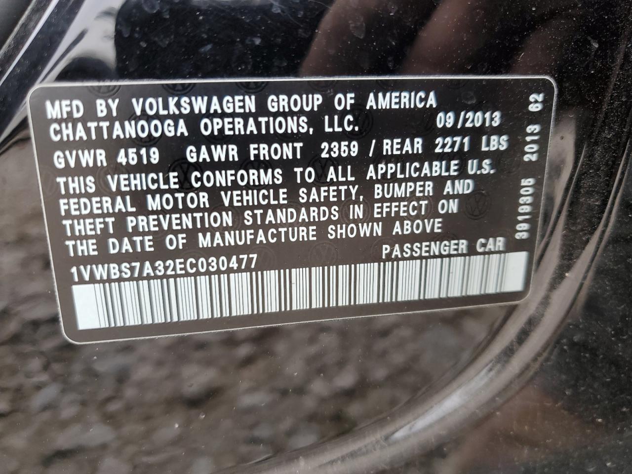 2014 Volkswagen Passat VIN 1VWBS7A32EC030477 Copart auction photo, front end / minor dent/scratches damage thumbnail 12