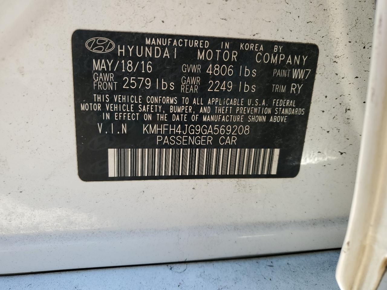 2016 Hyundai Azera VIN KMHFH4JG9GA569208 Copart auction photo, rear end / front end damage thumbnail 13