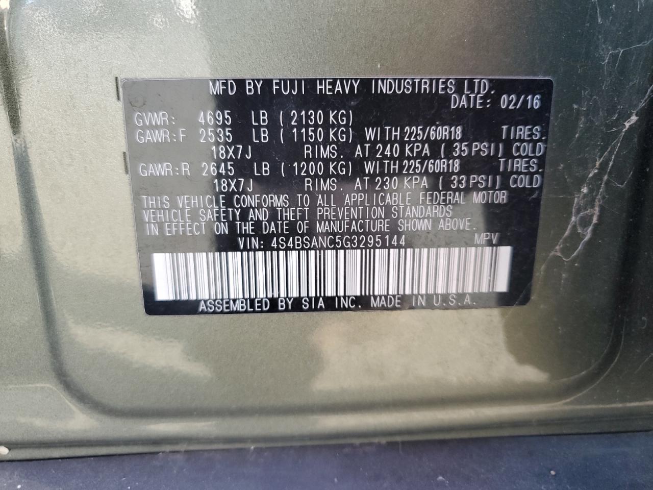 2016 Subaru Outback VIN 4S4BSANC5G3295144 Copart auction photo, rear end damage thumbnail 14