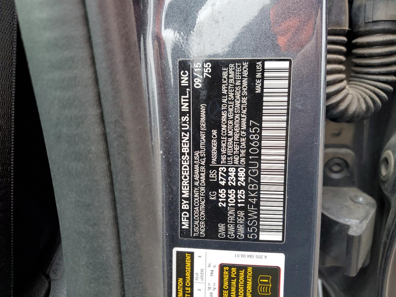 2016 Mercedes-Benz C-klasse VIN 55SWF4KB7GU106857 Copart auction photo, front end damage thumbnail 12