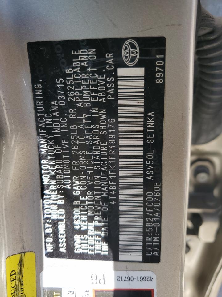 2015 Toyota Camry VIN 4T4BF1FK1FR489176 Copart auction photo, rear end damage thumbnail 16