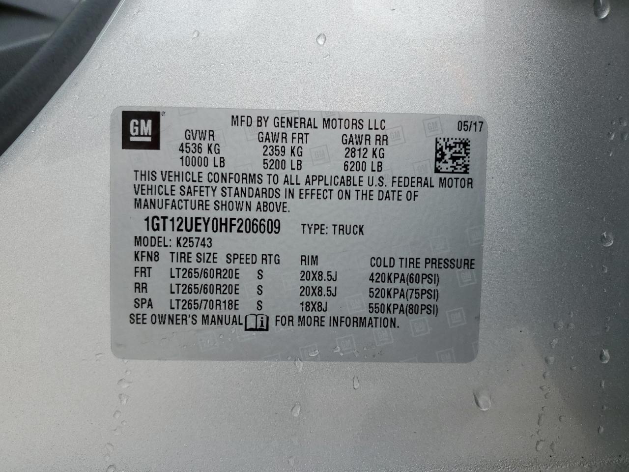 2017 GMC Sierra VIN 1GT12UEY0HF206609 Copart auction photo, front end / side damage thumbnail 12