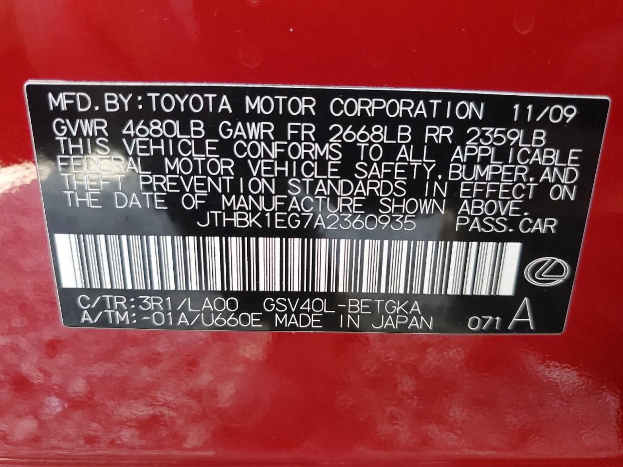 2010 Lexus ES VIN JTHBK1EG7A2360935 Copart auction photo, front end damage thumbnail 12